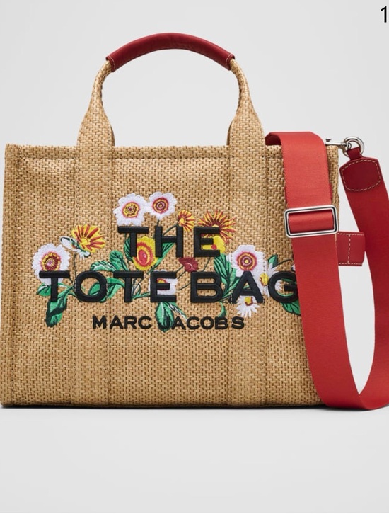 Marc Jacobs Handbags - Marc Jacobs Straw Tote with Red Strap and Floral Embroidery